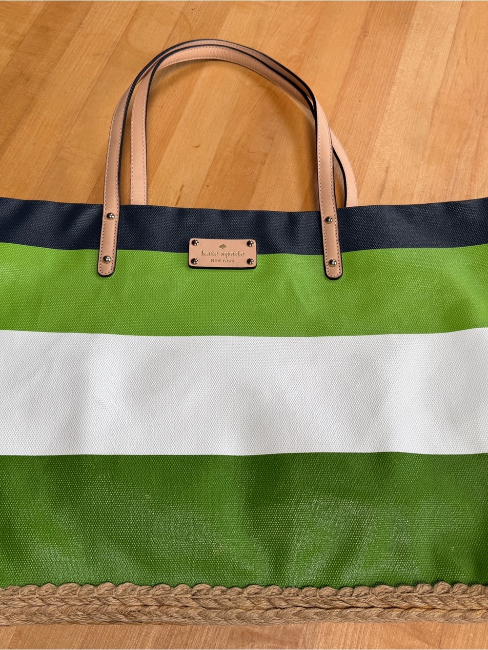 kate spade Green, White & Navy Striped Canvas Tote with Tan Leather Handles
